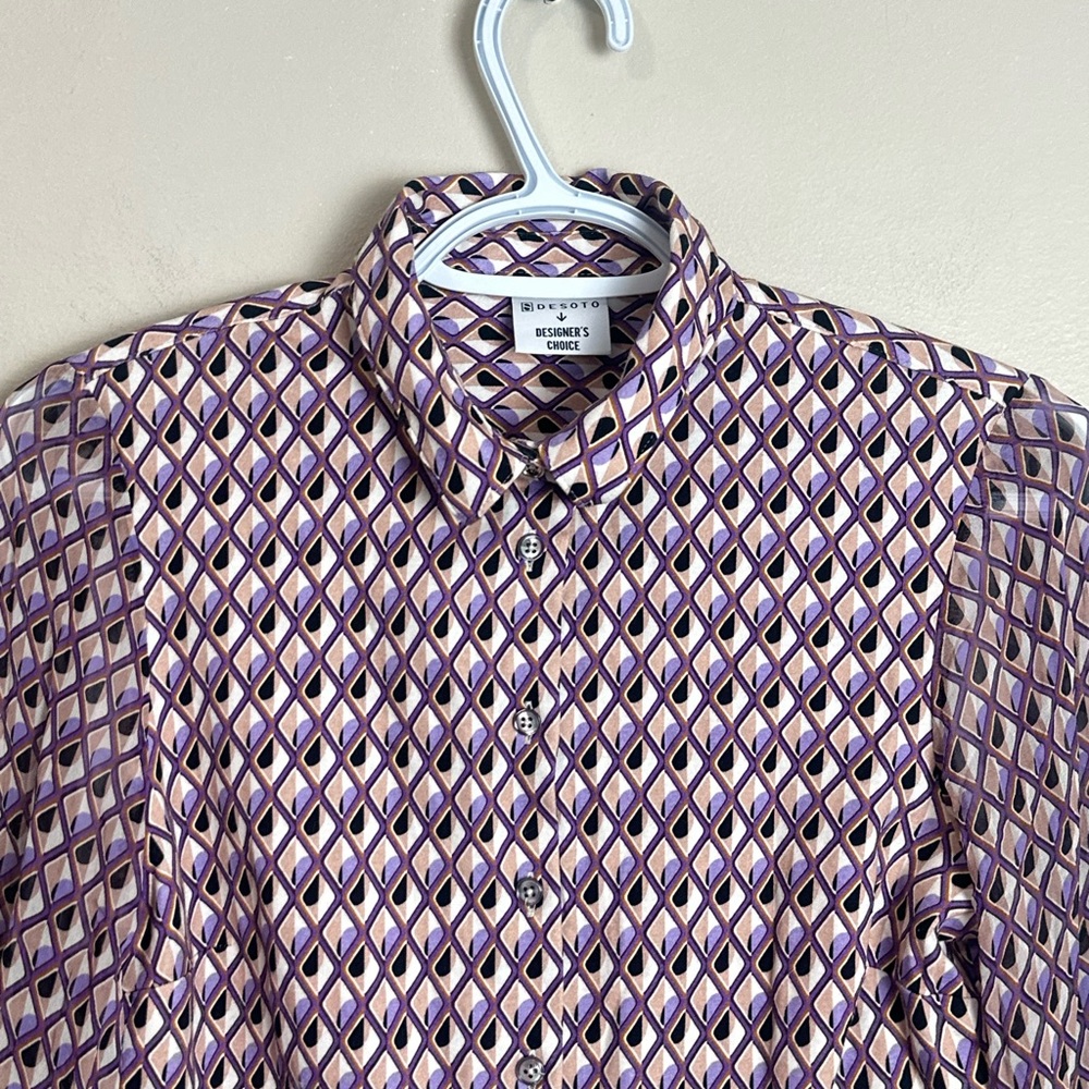 DESOTO Women's Size S Purple Cream Geometric Print Cotton Viscose Blouse Long Sl - Picture 3 of 6
